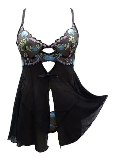 Escante Garden Embroidered Lace Underwire Cup Open Front Babydoll with Panty Twilight Black