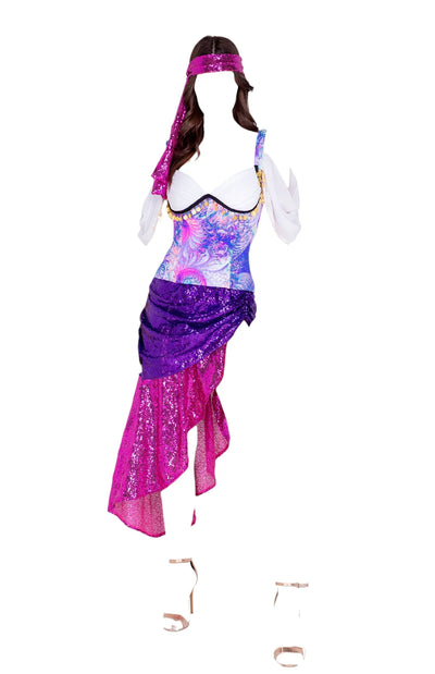 Roma Costume 3 Pc Gypsy Gold Trim Top & Sequin Scrunched Skirt Costume Set Pink/Purple