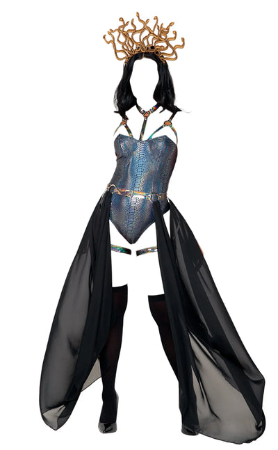 Roma Costume 3 PC Sensual Queen Bodysuit with Studded Harness Black/Grey