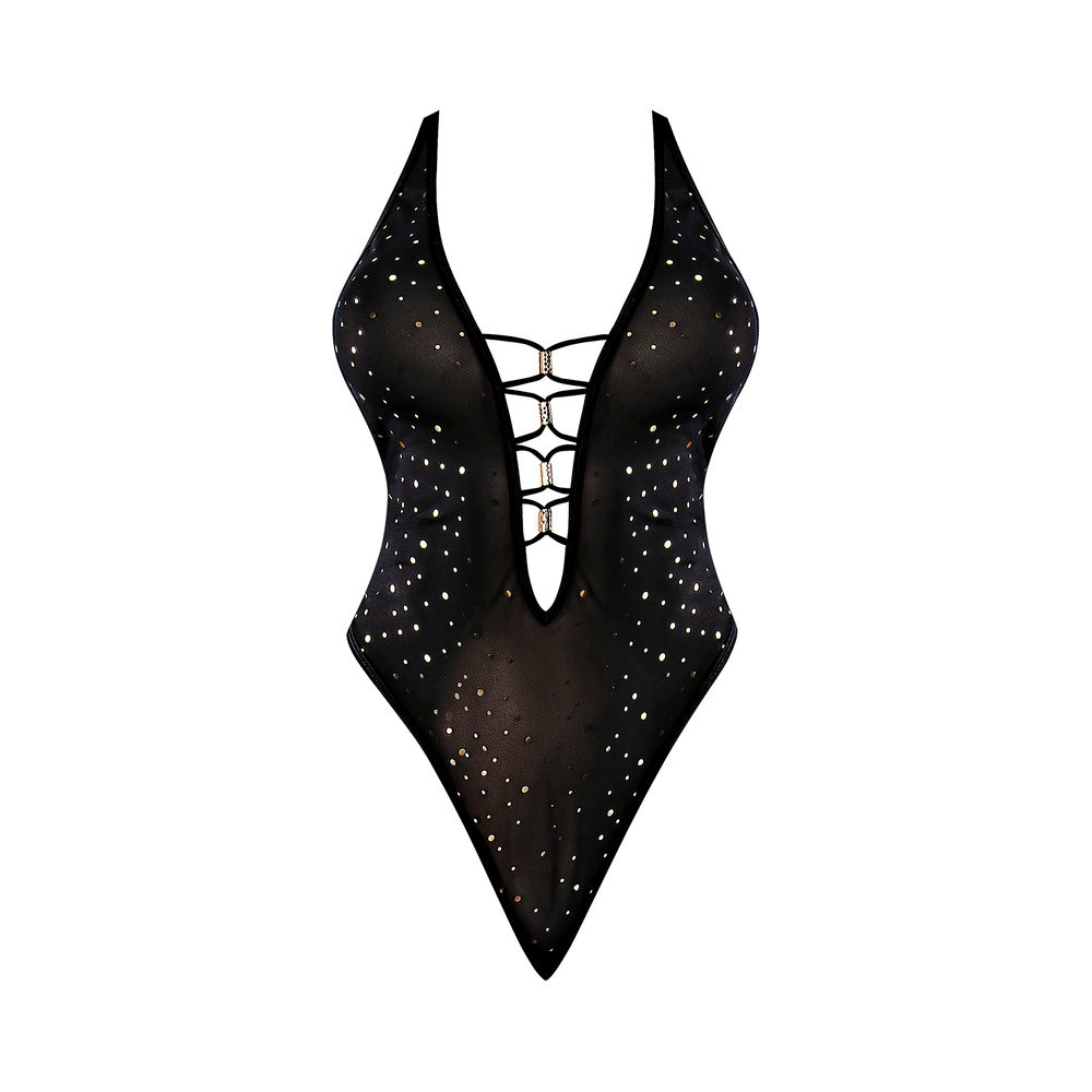 Magic Silk Glitz & Glam Snap Crotch Bodysuit with Gold Dotted Sequins Black  - Romantic Blessings