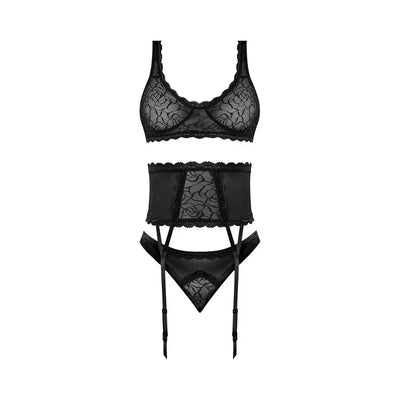 Magic Silk Soft Petals Floral Mesh Bralette with Waist Cincher, Garter Straps & Cheeky Panty Black