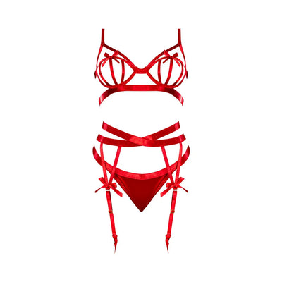 Magic Silk Holidaze Open Strap Bra With Garter & Panty Red