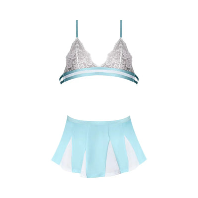 Magic Silk Dress Up Head Cheerleader Lace Bralette with Mini Skirt & G-String Costume White/Light Blue