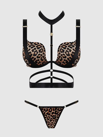Devon Push Up Bra w/Harness & G-String 3 pc Set Leopard