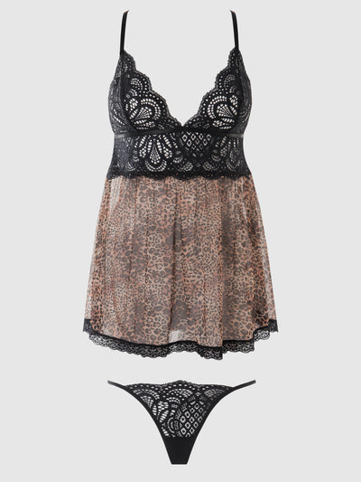Felicia Mesh and Lace Babydoll with G-String 2 pc Set Leopard