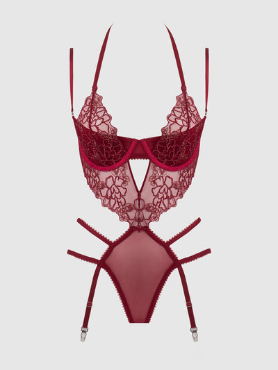 Eden Embroidered Lace & Mesh Teddy with Garters Red