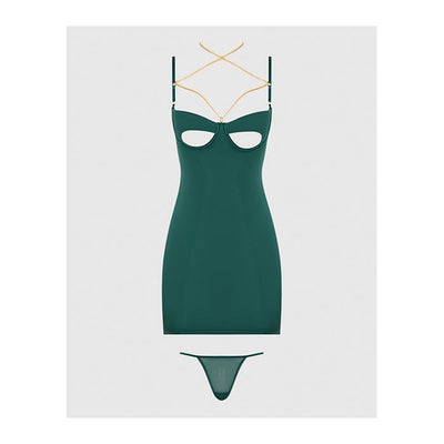 Evangeline Satin & Chain Open Cup & Back Chemise & G-String Set Green