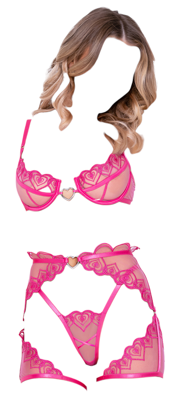 Shirley of Hollywood Lace Underwire Peek a Boo Bra with Garterbelt &  G-String Coral - Romantic Blessings