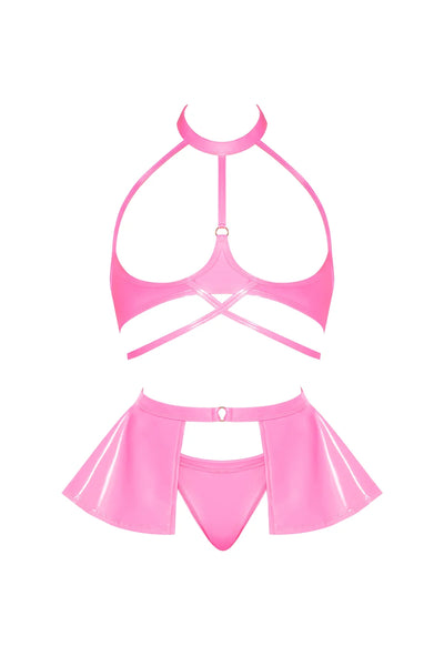 Magic Silk Hard Candy Open Cup Halter Bra, Skirt & Thong Pink
