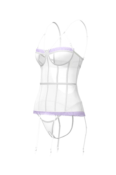 Magic Silk Sheer Passion Keyhole Basque & Crotchless G-String White/Lavender