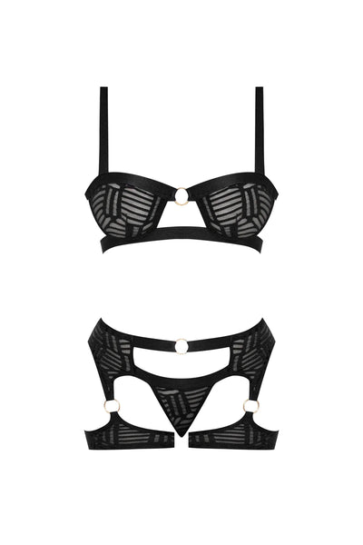 Magic Silk Rude Awakening Balconette Bra & Stirrup Thong Set Black