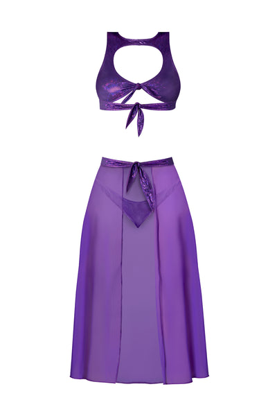 Magic Silk Glimmer High Neck Crop Top, Flowy Skirt & Tanga Set Purple Disco