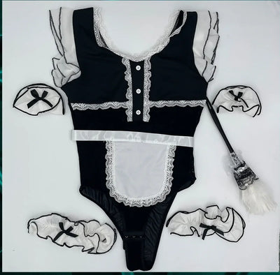 BodyZone Role Play Mischievous Maid 6 pc Bodysuit with Apron Costume Set Black/White