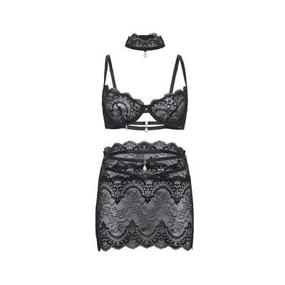 Perla Lace 3 pc Set with Pearl Details Black