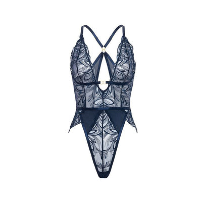 Davina V-Plunge Embroidered Teddy with Double Ring Charm Navy