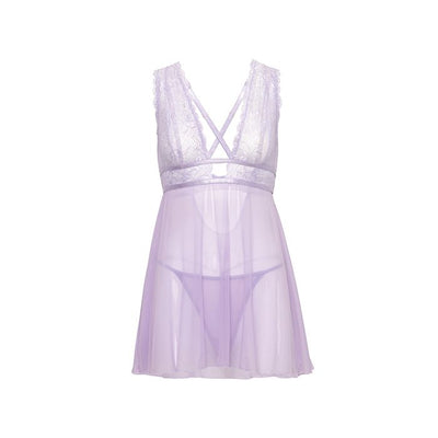 Stassi Lace & Mesh Babydoll with G-String 2 pc Set Lavender