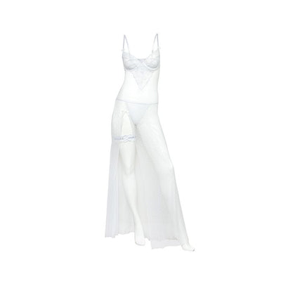 Livia Dot Mesh & Lace Underwire Gown & Garter 2 pc Set White