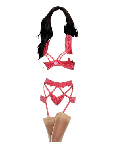 Shirley of Hollywood Lace Underwire Peek a Boo Bra with Garterbelt & G-String Coral