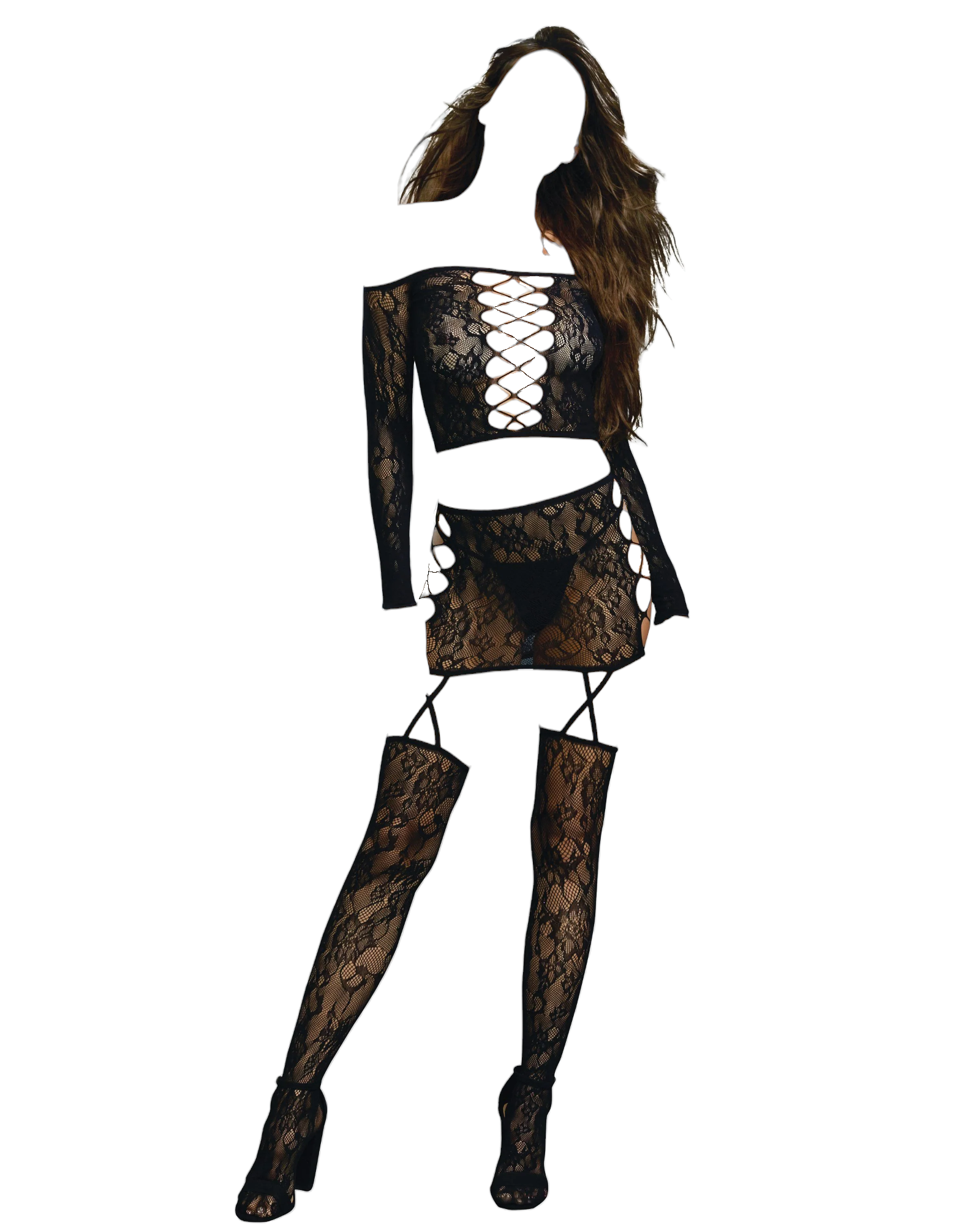 Dreamgirl Lace Patterned Knit Set with Attached Garters and Stockings Black One Size