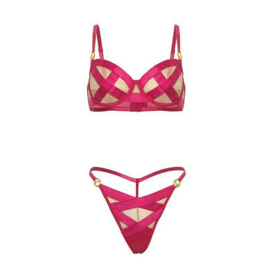 Raelynn Satin Strappy Underwire Bra with G-String 2 pc Set Pink Yarrow