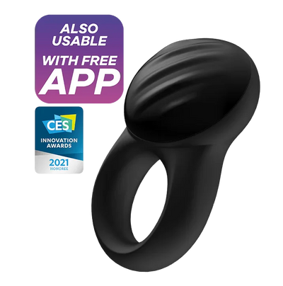 Satisfyer Signet Ring Rechargeable App Enabled Couple's Grooved Vibrating Penis Ring Black
