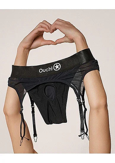 Shots Ouch! Vibrating Strap-on Thong with Adjustable Garters Black