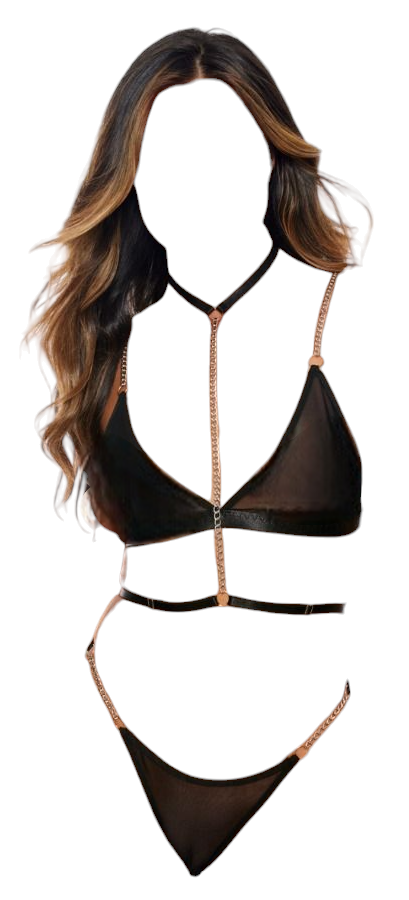 Shirley of Hollywood Sheer Mesh Bra with Chain Detail & Panty Black