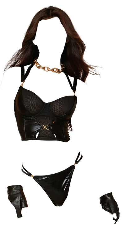 Dreamgirl Wetlook Fishnet Strappy Bustier & Thong Set Black