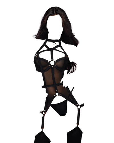 Dreamgirl Stretch Mesh Bustier with Strappy High-Neck & G-String Black One Size