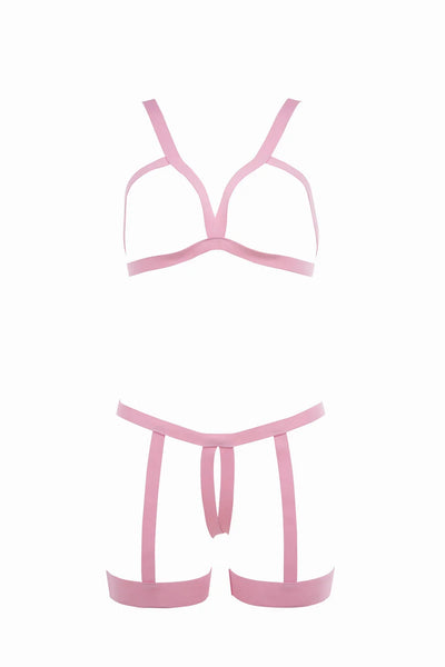 Allure Kitten Teaser Strappy Open Cup Bra & Open Panty with Leg Straps Pink One Size