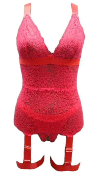 Escante Neon Wide Strap Open Cup Bustier & Crotchless Thong Neon Coral X-Large