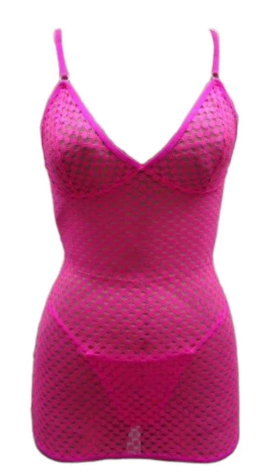 Escante Neon Honeycomb Chemise with Strappy Back & G-String Neon Pink X-Large