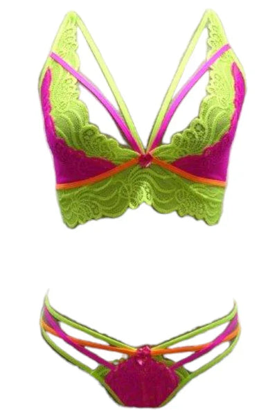 Escante Festival Wear Strappy Lace Top & G-String Neon Pink & Yellow