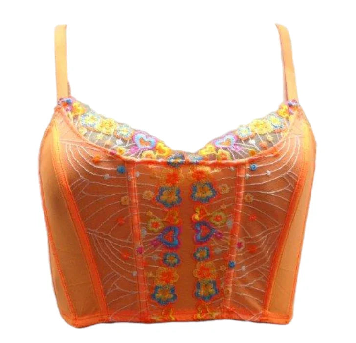 Escante Neon Floral Embroidery Corset Top & GString Electric Orange