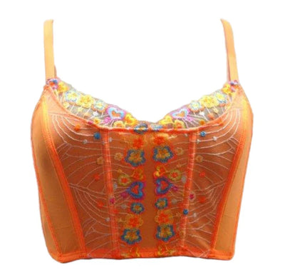 Escante Neon Floral Embroidery Corset Top & G-String Electric Orange