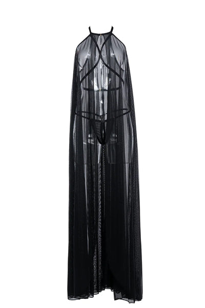 Allure Adore Drama Queen Sheer Mesh Criss Cross Cape & Open G-String Black One Size