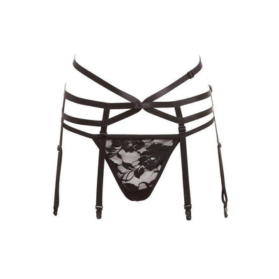 Barely Bare Strappy Garter and Panty Set Black One Size - Romantic Blessings