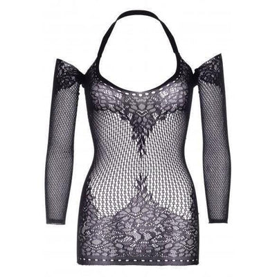 Leg Avenue Seamless Lace and Net Long Sleeved Mini Dress With Keyhole Twist Halter And Eyelet Trim Black - Romantic Blessings