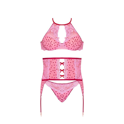 Magic Silk Tickled Pink High-Neck Bra, Gartered Waist Cincher & Thong Set Pink - Romantic Blessings