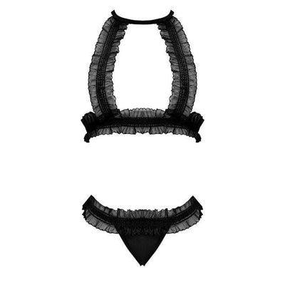 Magic Silk Ruffled Halter Bra & Thong Black - Romantic Blessings