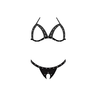 Magic Silk Lust Fetish Aphrodite Leather Look Cupless Bra & Crotchless Thong Black - Romantic Blessings