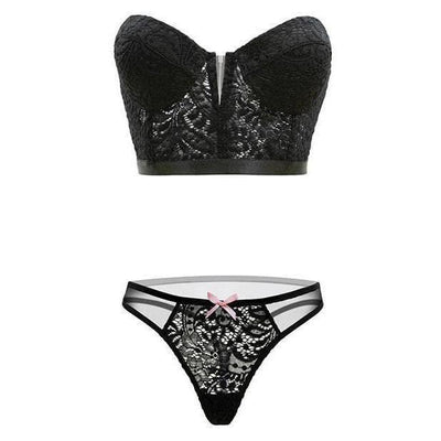 Fantasy Lingerie Premiere Basics Midnight Garden V-Front Bustier Crop Top & Thong Black - Romantic Blessings