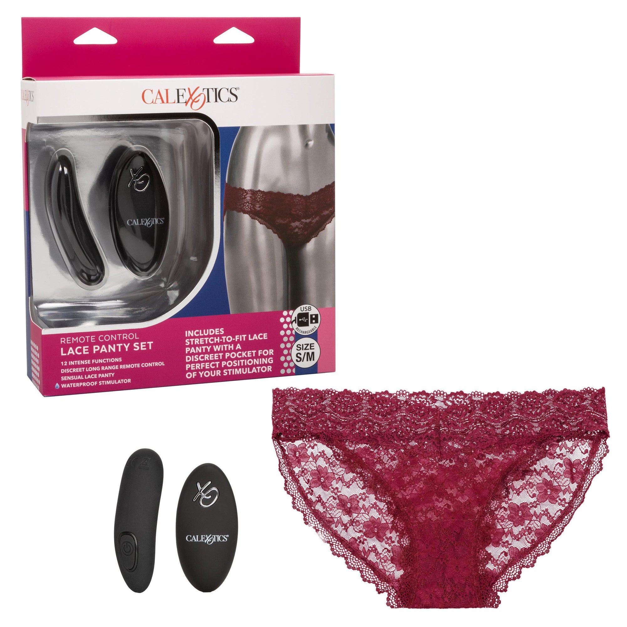 Remote Control Rechargeable Lace Stretch to Fit Vibrating Panty Set - Burgundy - Romantic Blessings
