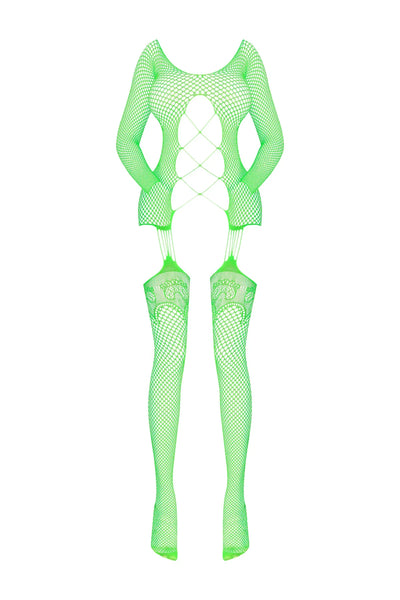Magic Silk Seamless Fishnet Gartered Catsuit Lime One Size
