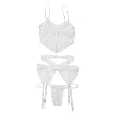 Scallop Stretch Lace Long Line Soft Cup Bra, Garterbelt & G-String White - Romantic Blessings