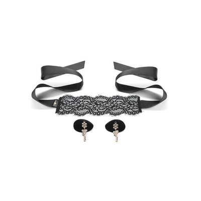 Secret Kisses Temptation Set Boudor Lace blindfold & Tassel Pasties Black - Romantic Blessings