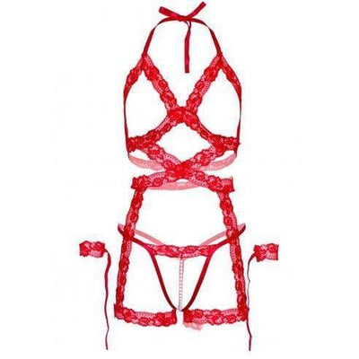 Leg Avenue Lace Halter Cami Garter with Open Cups, Crotchless Pearl G-String, and Lace Restraint Cuffs (3 Piece) - O/S - Red - Romantic Blessings