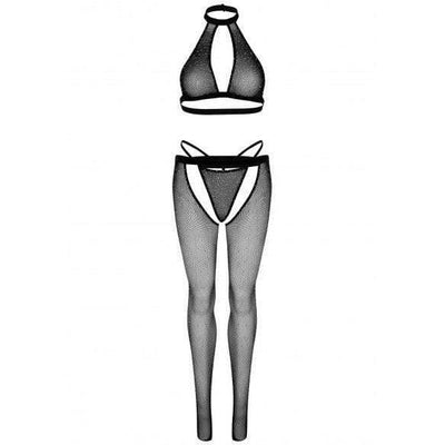Leg Avenue Rhinestone Fishnet Keyhole Halter Top, G-String and Crotchless Tights - Black - Romantic Blessings