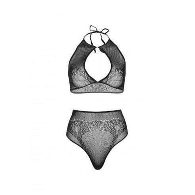 Leg Avenue Dotted Net Keyhole Halter Crop Top with Lace Accents and High Waist Thong Panty (2 pieces) - O/S - Black - Romantic Blessings