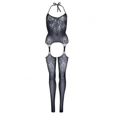 Leg Avenue Seamless Jacquard Lace Suspender Bodystocking Black - Romantic Blessings